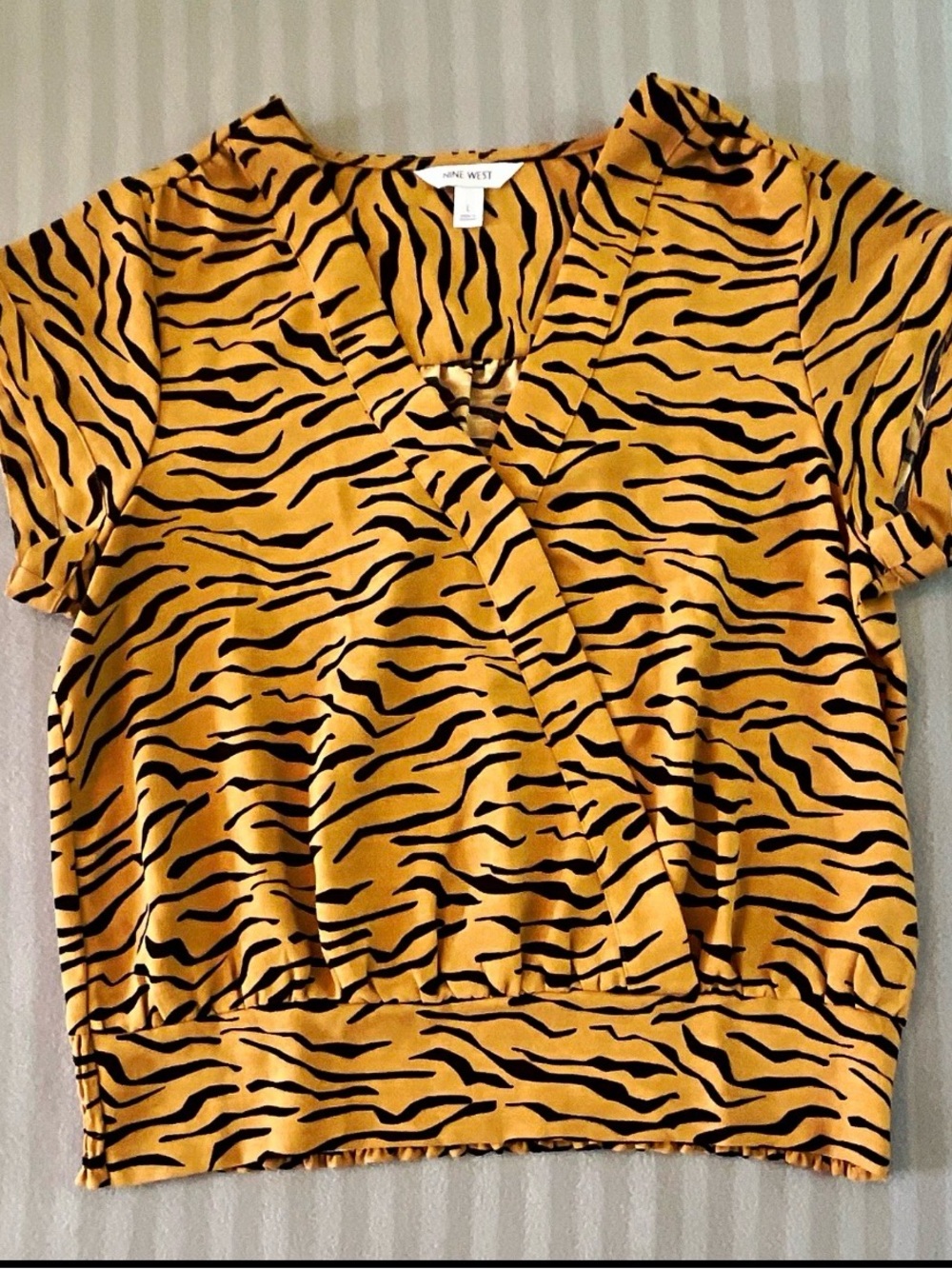Nine West Yellow Tiger-Stripe Short Sleeve Surplice Top
